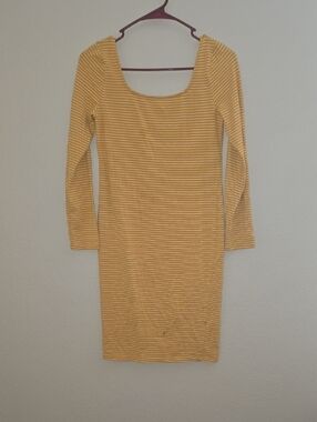 Heart Hips Mustard Yellow Striped Scoop Neck Long Sleeve Dress